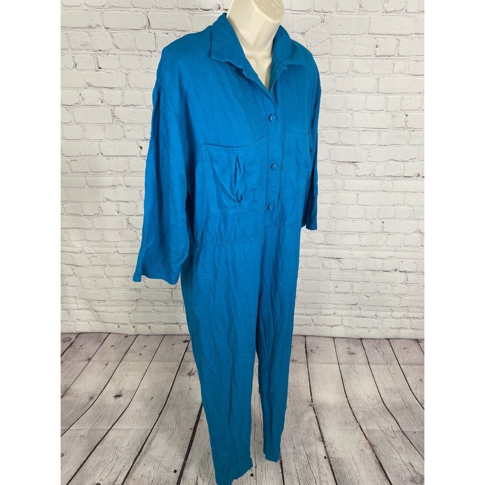 VTG Naturelle George Georgiou Teal Raw Silk Jumpsuit Chest Pockets One Piece S - Picture 2 of 15